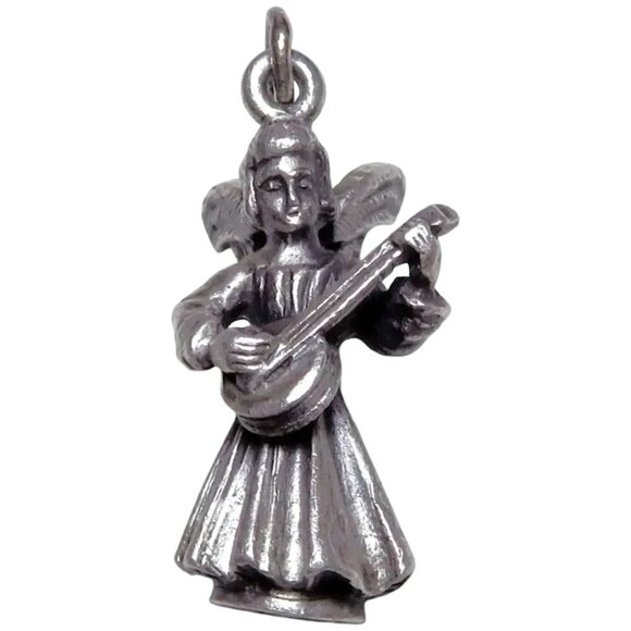 Vintage Creed Sterling Silver Angel with Wings Guitar/Mandolin Charm Pendant - Picture 1 of 6